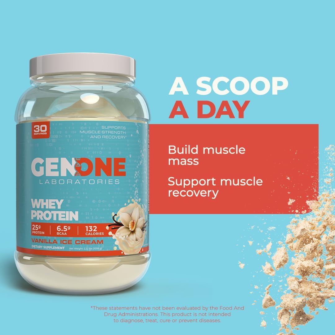 Vanilla Ice Cream Whey Protein Isolate Powder by GenOne Labs - 25g Protein, 6.5g BCAAs, Low Carb, Fast Digesting - 30 Servings, 2.25 LB
