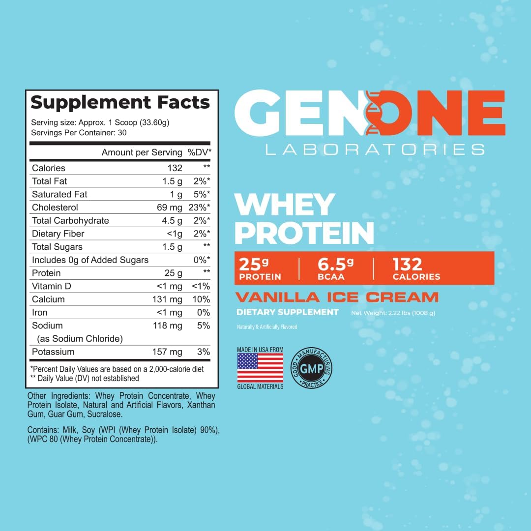 Vanilla Ice Cream Whey Protein Isolate Powder by GenOne Labs - 25g Protein, 6.5g BCAAs, Low Carb, Fast Digesting - 30 Servings, 2.25 LB
