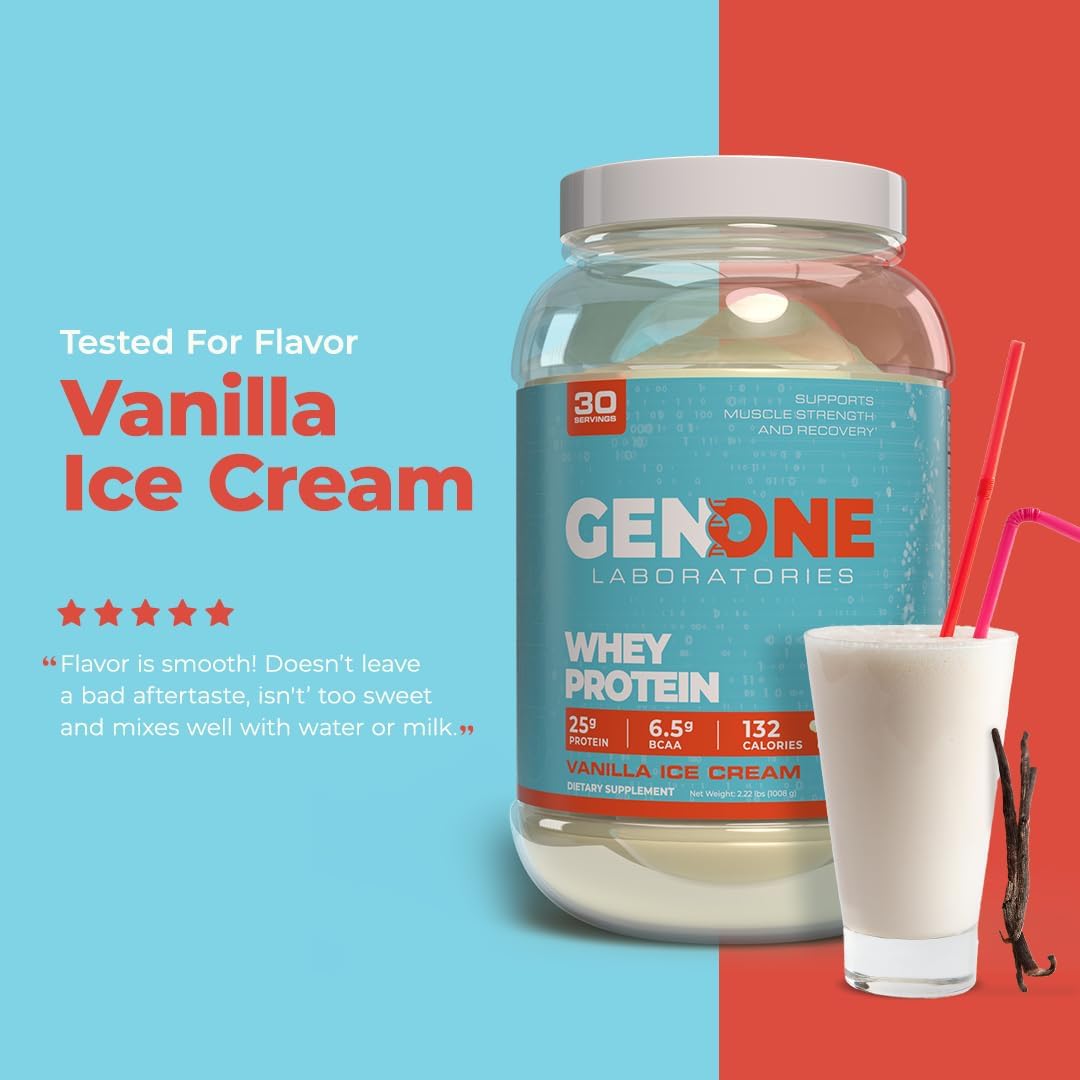 Vanilla Ice Cream Whey Protein Isolate Powder by GenOne Labs - 25g Protein, 6.5g BCAAs, Low Carb, Fast Digesting - 30 Servings, 2.25 LB
