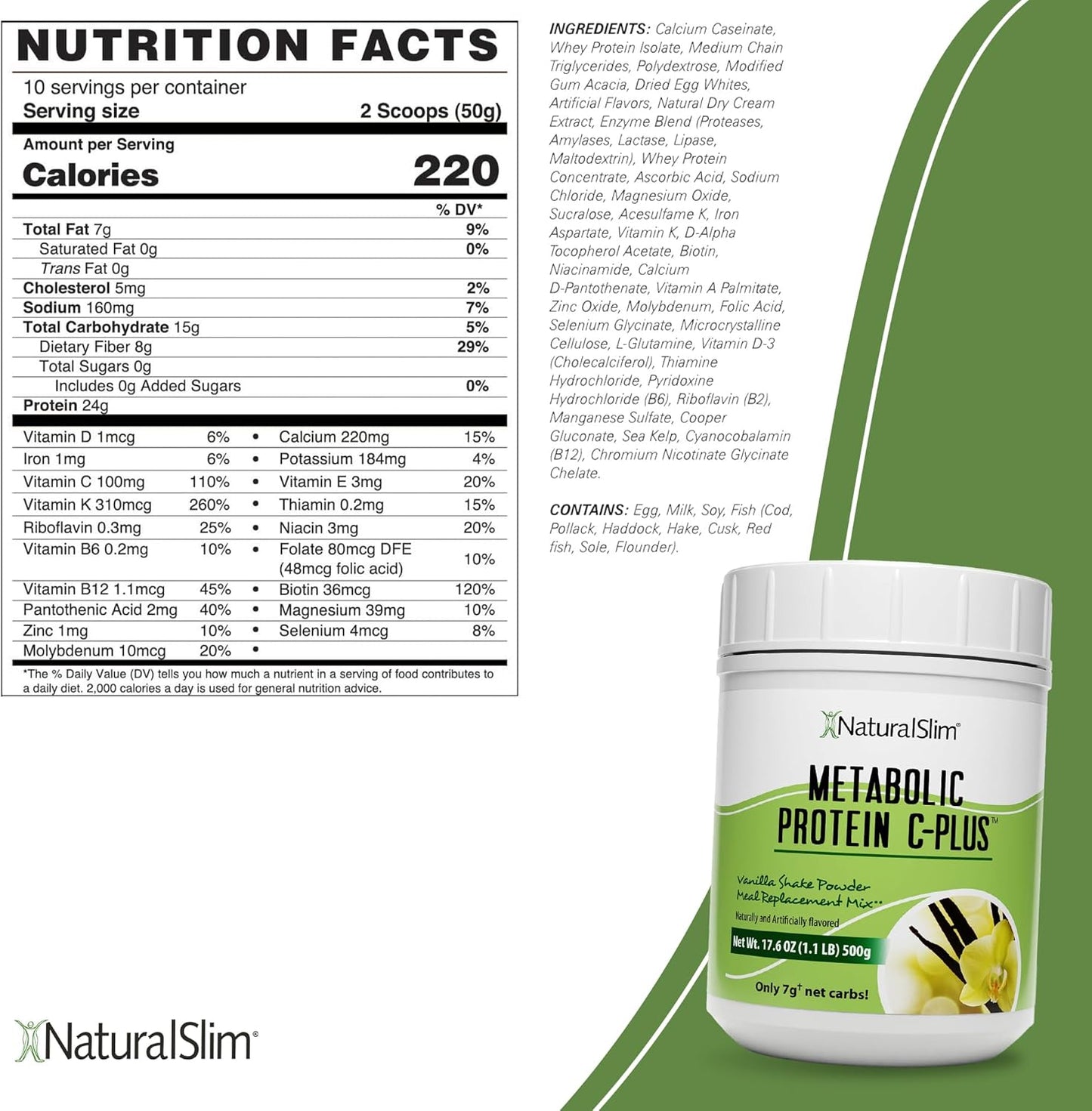 Vanilla Metabolic C-Plus Meal Replacement Protein Powder - Immune Support with Vitamin C, Zinc, Amino Acids - Low Carb Shake - 10 Servings
