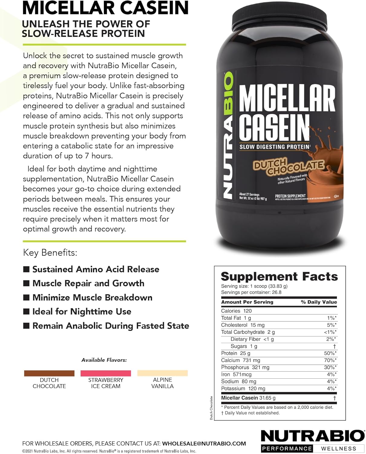 Vanilla Micellar Casein Protein Powder - 2 lbs - Slow Digesting - Muscle Growth - Essential Amino Acids - Non-GMO - Gluten & Soy Free