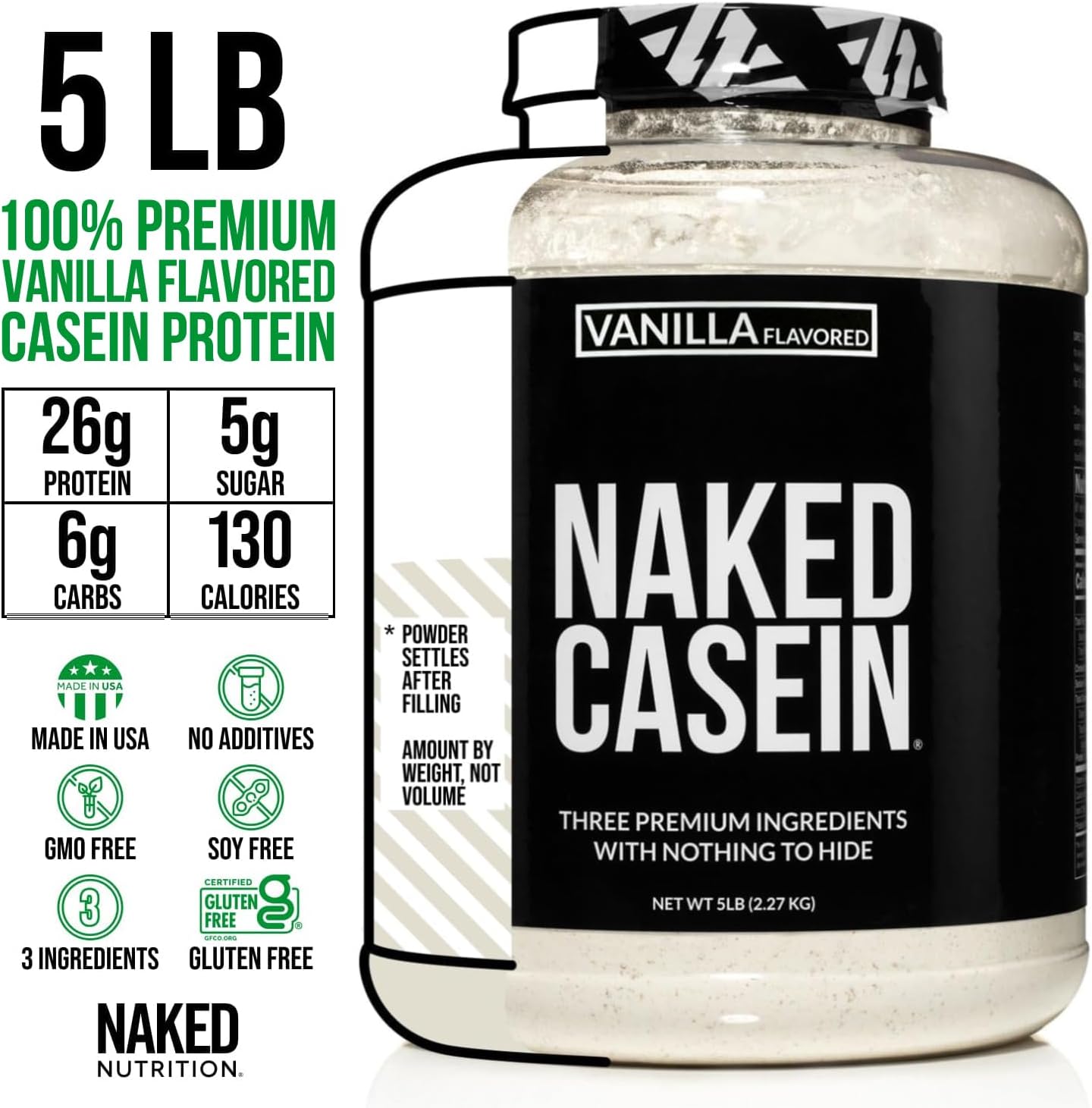 Vanilla Micellar Casein Protein Powder - 5lb Bulk - GMO, Gluten, Soy, Preservative-Free - Muscle Growth & Recovery - 61 Servings