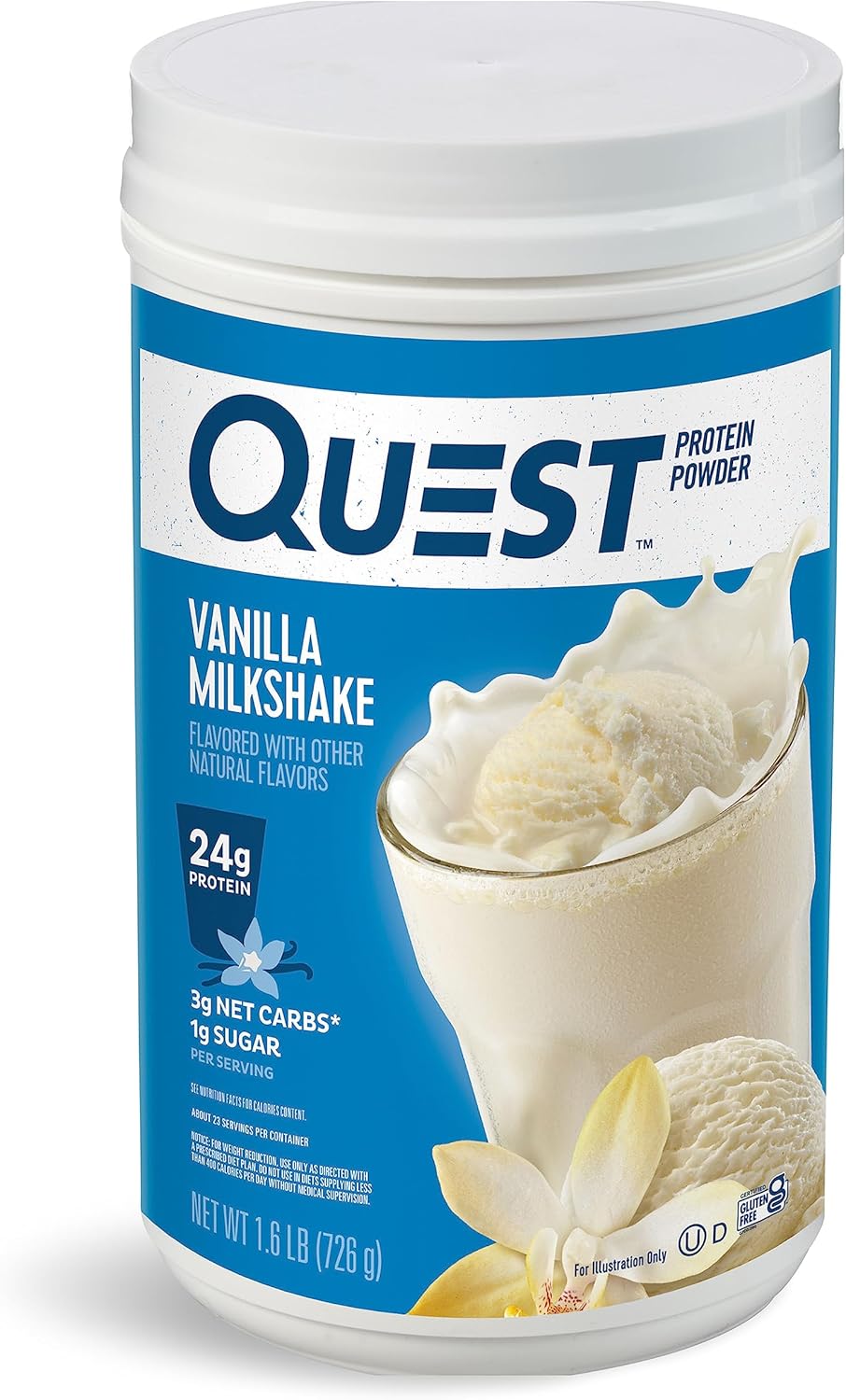 Vanilla Milkshake Protein Powder by Quest Nutrition - 24g Protein, 1g Sugar, Low Carb, Gluten Free - 1.6lb, 23 Servings