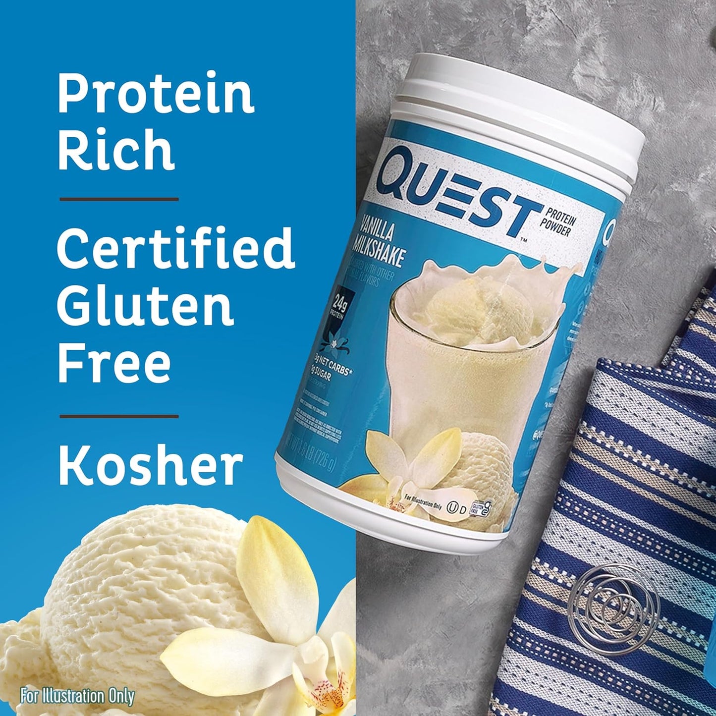 Vanilla Milkshake Protein Powder by Quest Nutrition - 24g Protein, 1g Sugar, Low Carb, Gluten Free - 1.6lb, 23 Servings