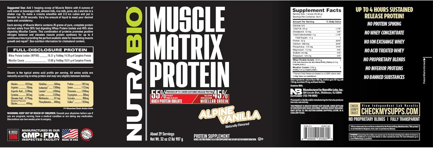 Vanilla Muscle Matrix Protein Powder with Whey Isolate and Micellar Casein - 25g Protein Per Scoop - 2lb, 28 Servings