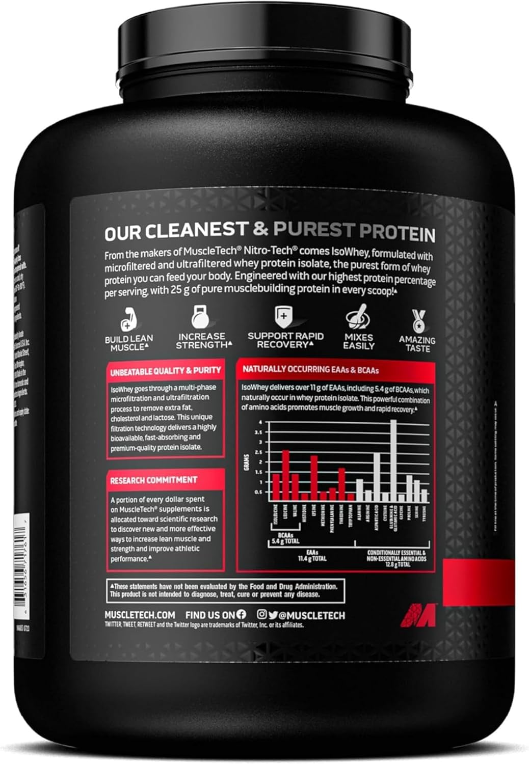 Vanilla MuscleTech ISO Whey Isolate Protein Powder - Post-Workout Supplement for Lean Muscle Gain & Recovery - 25g Protein, BCAA, EAA - 5lbs