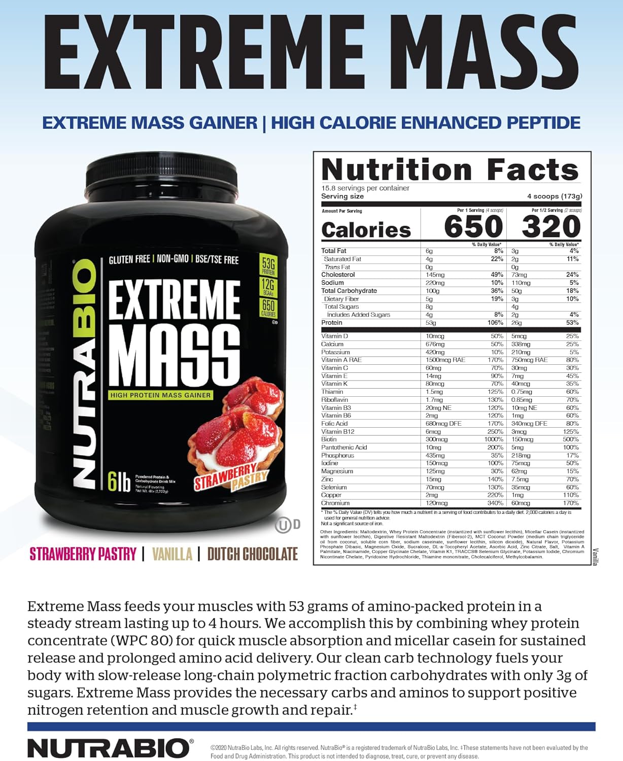 Vanilla NutraBio Extreme Mass Gainer Protein Powder - 6lb, 53G Protein, Clean Weight Gainer, Boost Muscle Mass, Full Spectrum Amino Acid
