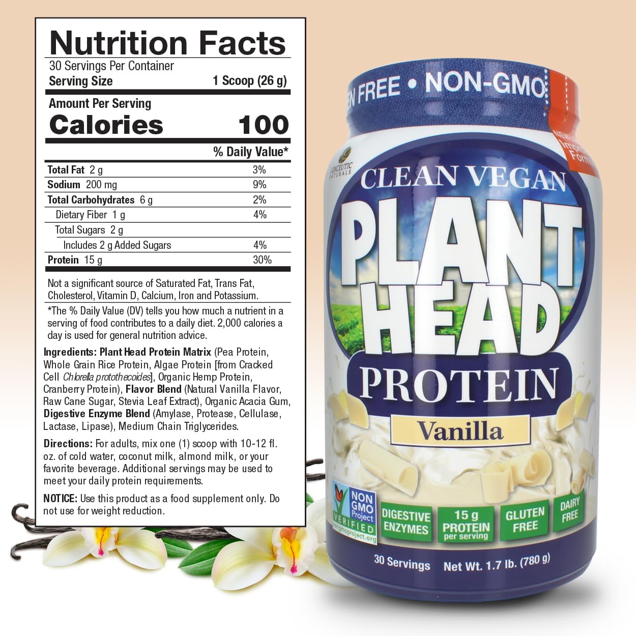 Vanilla Plant Head Protein Powder Supplement by Genceutic Naturals - 1.7 lbs - Vegan-Friendly Formula