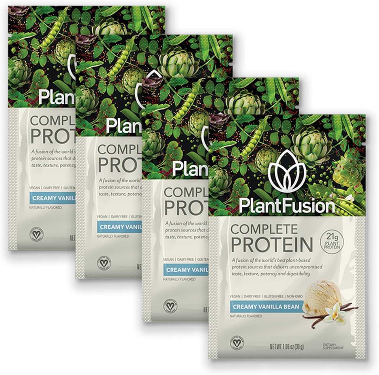 Vanilla PlantFusion Vegan Protein Powder Packets - Sample Pack of 4 with BCAAs and Pea Protein - Keto, Gluten Free, Non-Dairy, No Sugar - On-the-Go Plant Based Protein