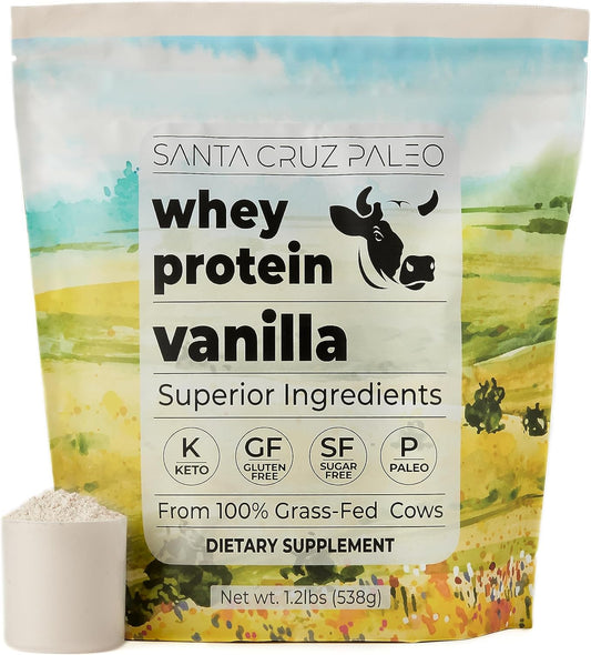 Vanilla Santa Cruz Paleo Whey Protein Powder - 20g Grass Fed Isolate, Gluten Free, Keto, Sugar Free - Natural Post Workout Muscle Support - 20 Servings, 1.2lb Bag