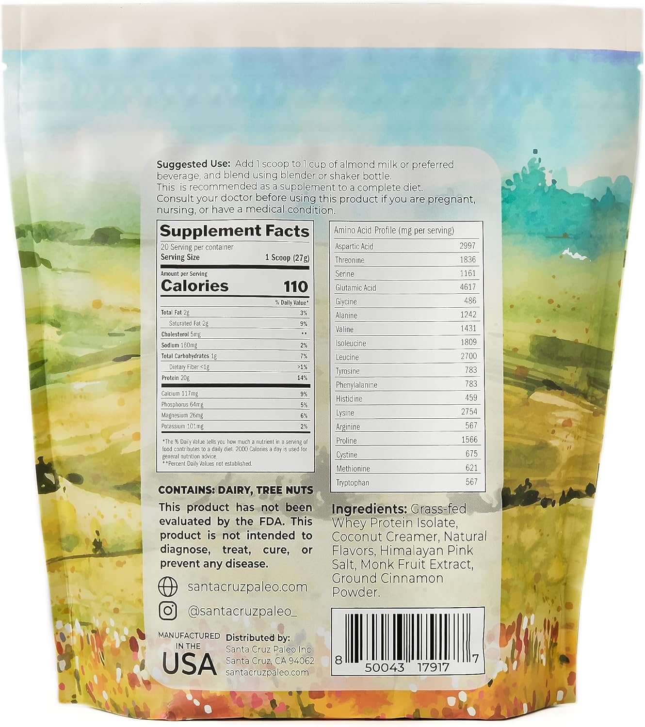 Vanilla Santa Cruz Paleo Whey Protein Powder - 20g Grass Fed Isolate, Gluten Free, Keto, Sugar Free - Natural Post Workout Muscle Support - 20 Servings, 1.2lb Bag