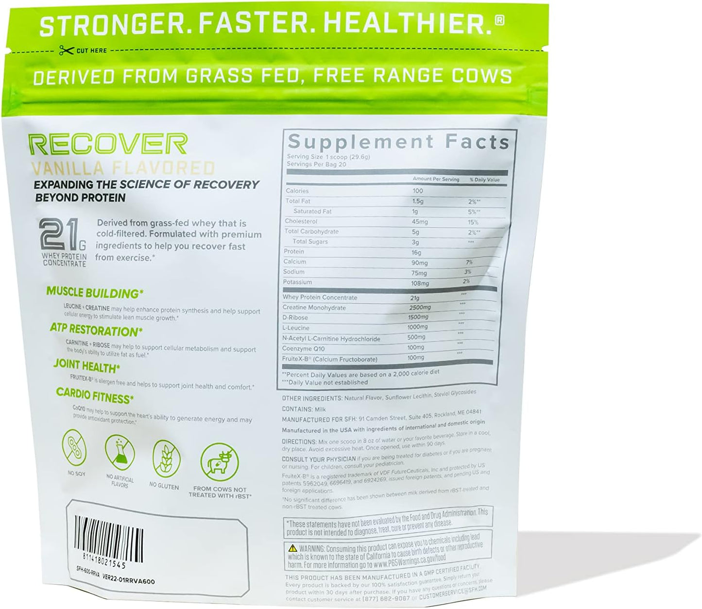 Vanilla SFH RECOVER Grass Fed Whey Protein Powder - Post Workout Supplement - 20 Servings