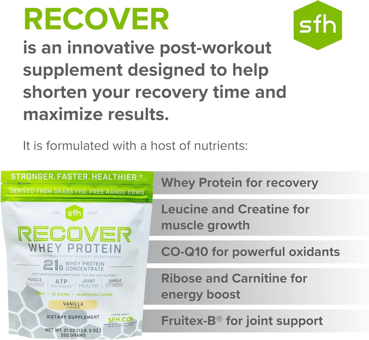 Vanilla SFH RECOVER Grass Fed Whey Protein Powder - Post Workout Supplement - 20 Servings