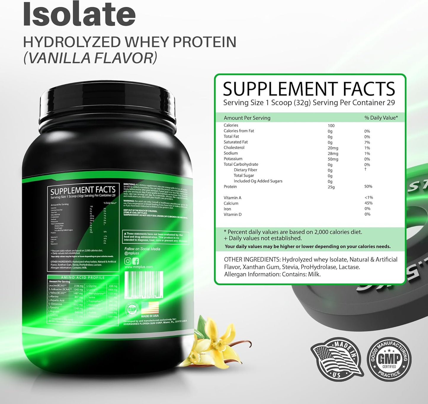 Vanilla Stevia Sweetened Grass Fed Whey Protein Isolate Powder - Gluten Free, Fast Absorbing, Easy to Digest - 100% Hydrolyzed (2.05 Lb)