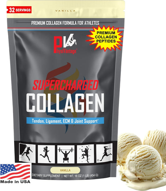 Vanilla Supercharged Collagen Peptides Powder for Joint & Skin Health - Hydrolyzed, Keto & Paleo Friendly - 16oz with Vitamin C & BCAAs
