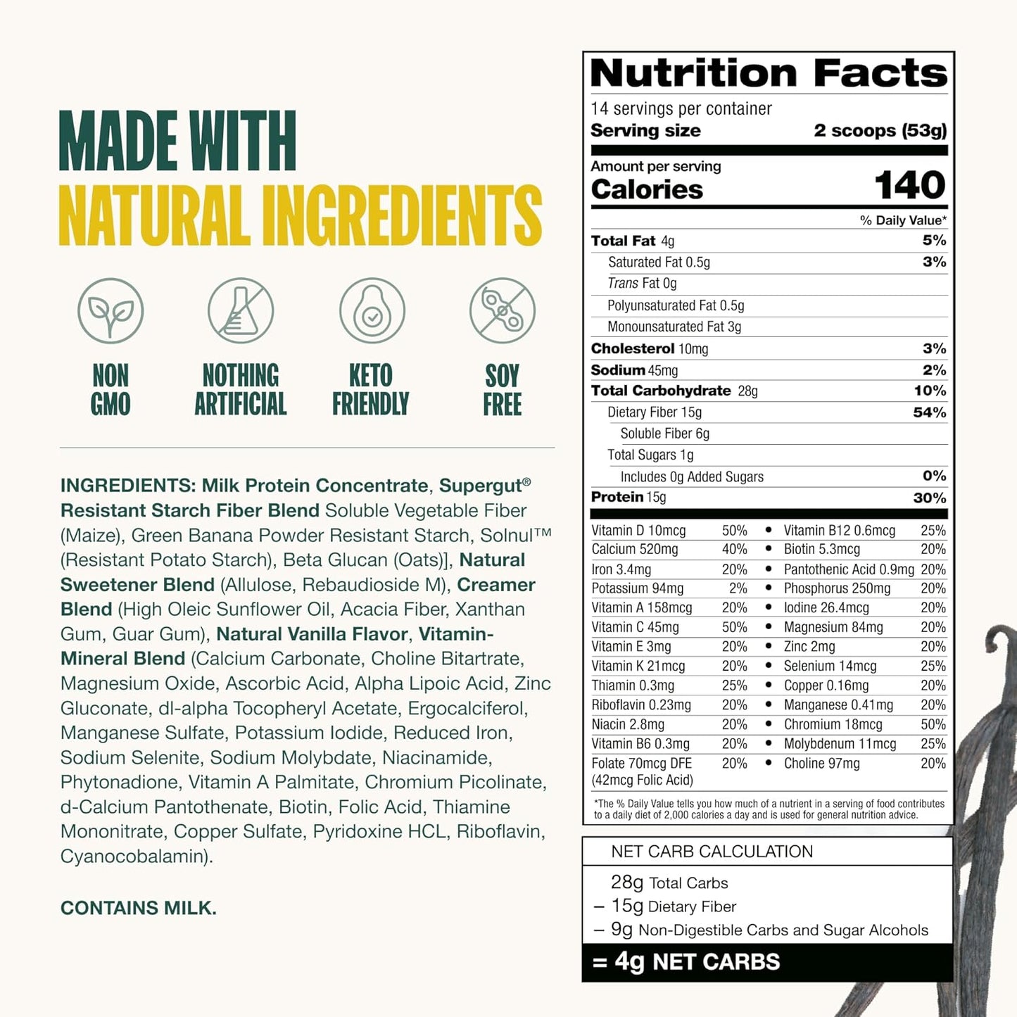 Vanilla Supergut Prebiotic Shake: High Protein & Fiber Meal Replacement with No Added Sugar - Keto Friendly (14 servings)