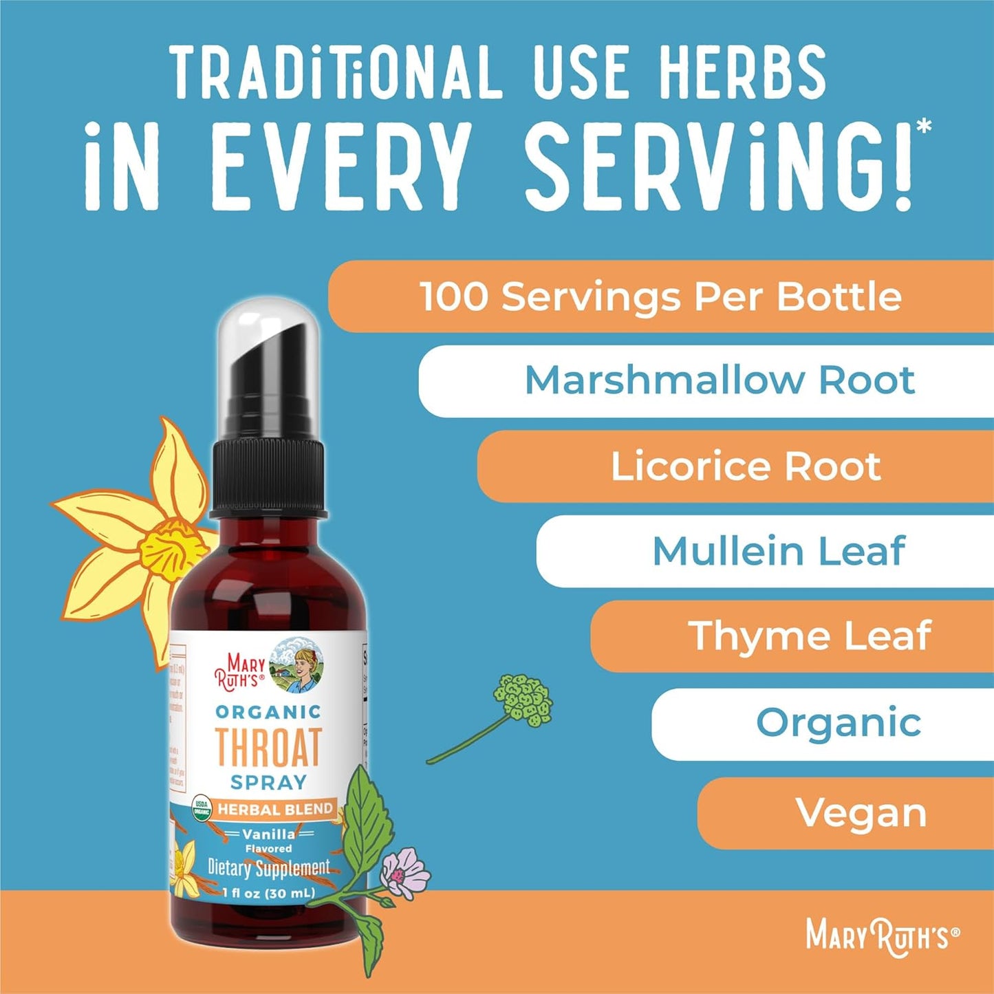 Vanilla Throat Spray & Lymphatic Cleanse Drops by MaryRuth Organics - USDA Organic, Clean Label Project Verified® - Immune Support & Health Boost - Vegan, Gluten Free, Non-GMO
