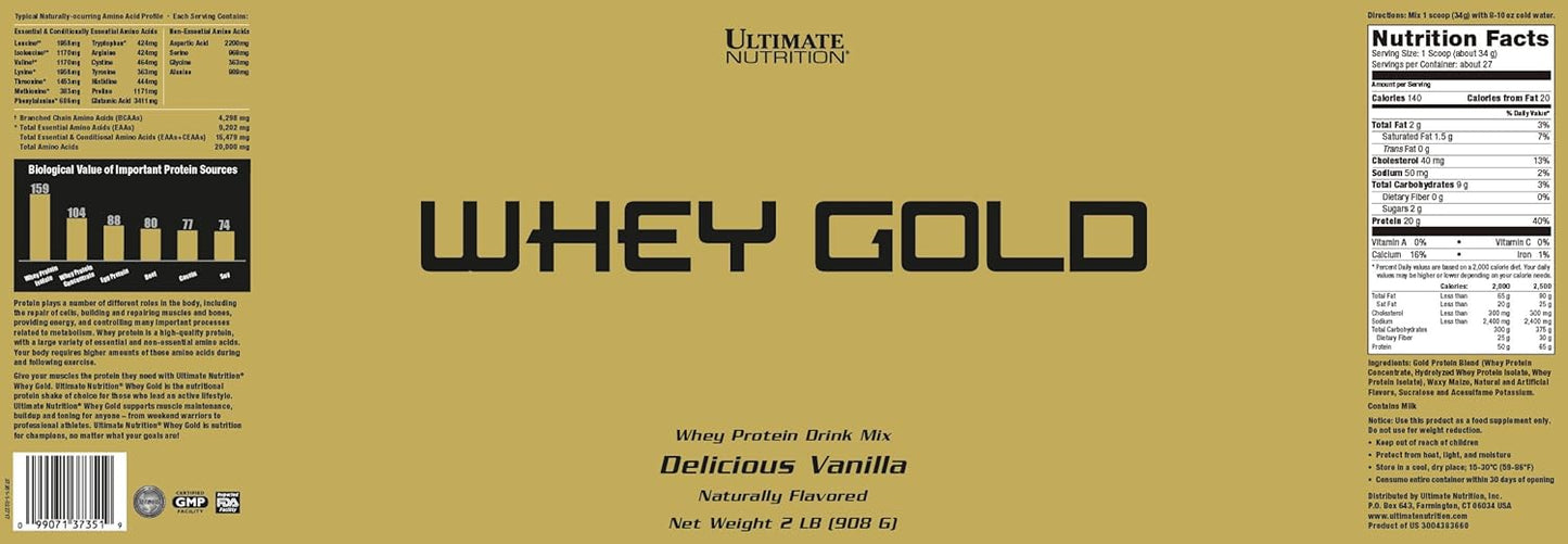 Vanilla Ultimate Nutrition Whey Gold Protein Powder - 20g Protein & Amino Acids for Muscle Growth & Recovery - 27 Servings