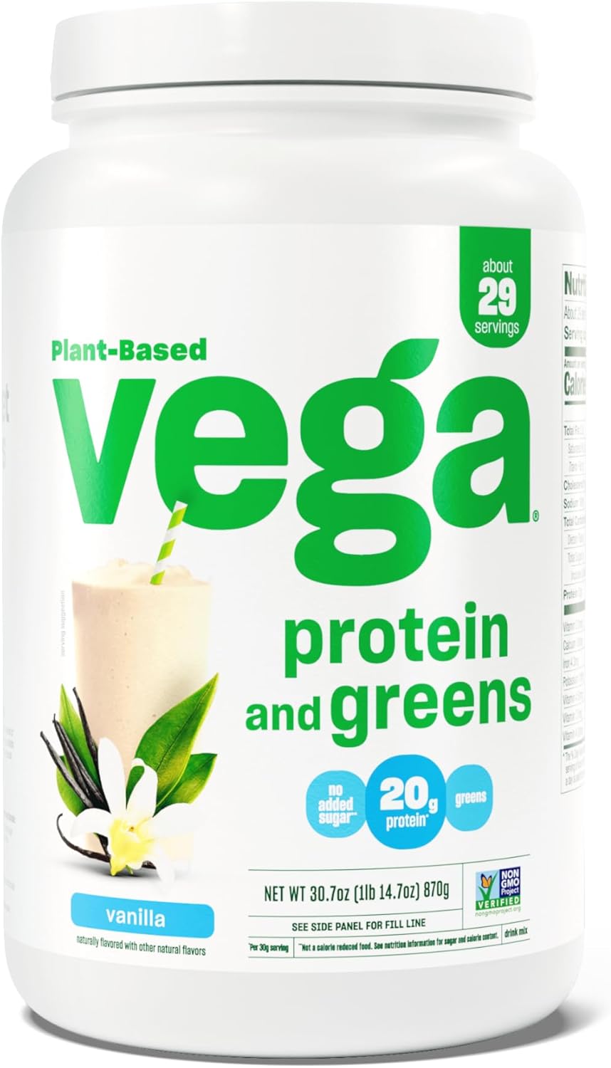 Vanilla Vega Protein and Greens Powder - 20g Plant-Based Protein with Veggies, Vegan, Non-GMO, Pea Protein - 1.9lbs