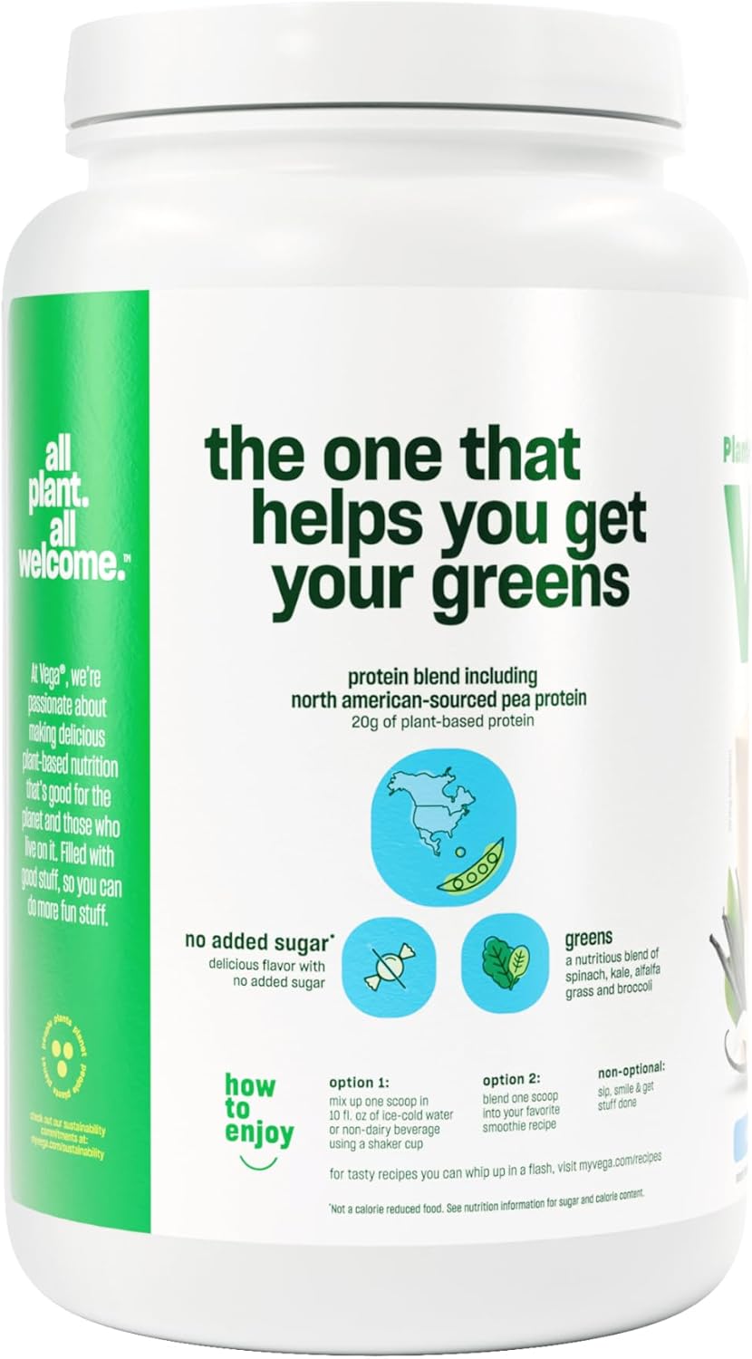 Vanilla Vega Protein and Greens Powder - 20g Plant-Based Protein with Veggies, Vegan, Non-GMO, Pea Protein - 1.9lbs