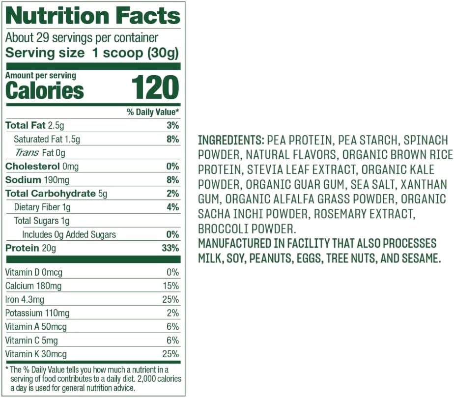 Vanilla Vega Protein and Greens Powder - 20g Plant-Based Protein with Veggies, Vegan, Non-GMO, Pea Protein - 1.9lbs
