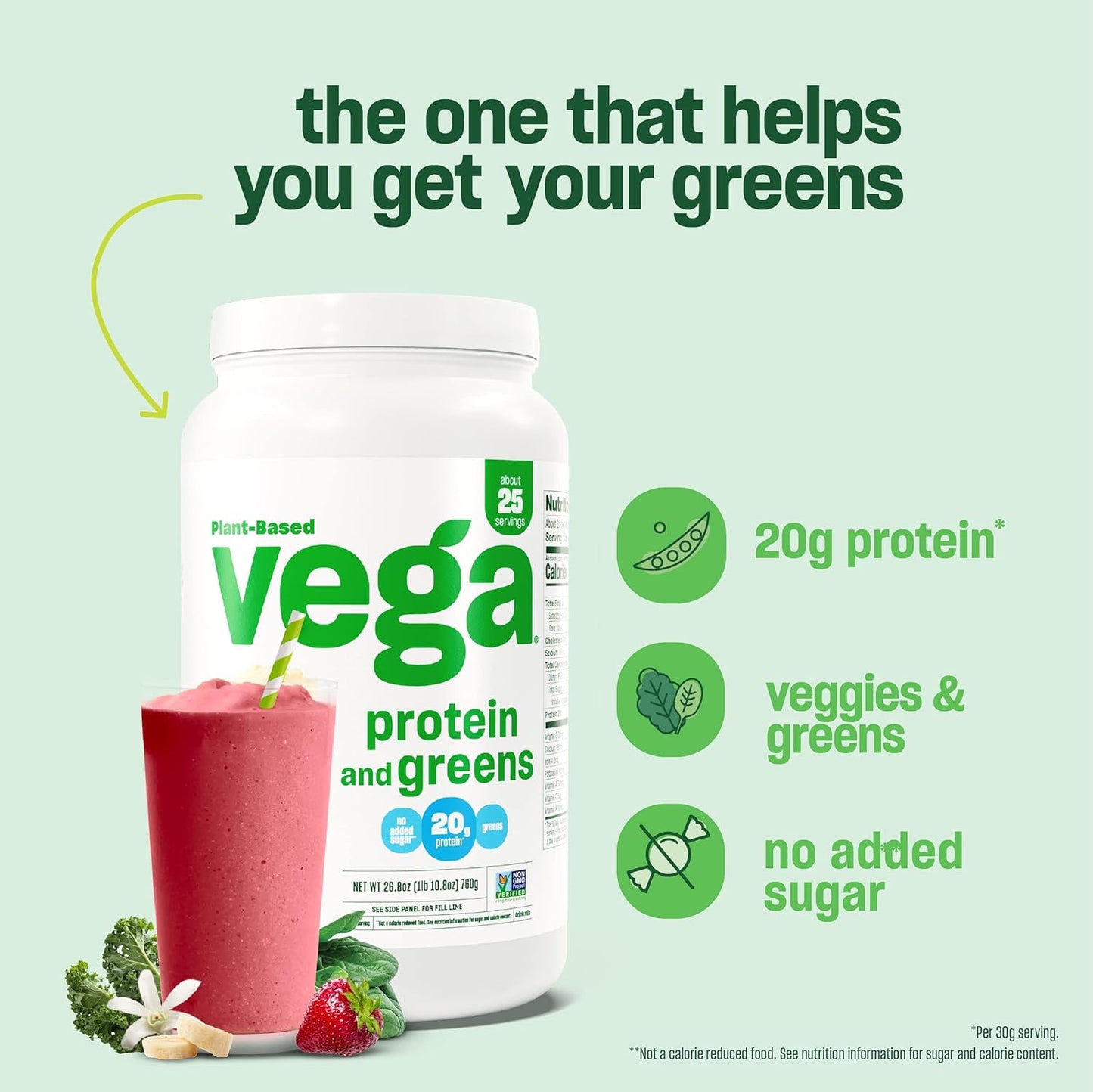 Vanilla Vega Protein and Greens Powder - 20g Plant-Based Protein with Veggies, Vegan, Non-GMO, Pea Protein - 1.9lbs