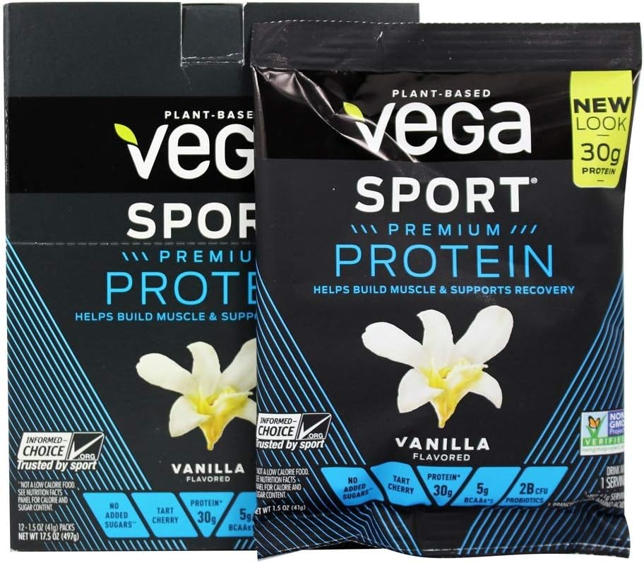 Vanilla Vega Sport Premium Vegan Protein Powder - 30g Plant Protein, 5g BCAAs, Low Carb, Keto, Dairy/Gluten Free, Non GMO - Pea Protein Sachets, 12 Pack