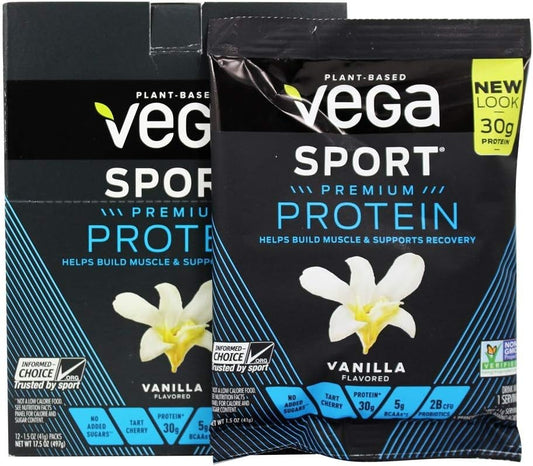 Vanilla Vega Sport Premium Vegan Protein Powder - 30g Plant Protein, 5g BCAAs, Low Carb, Keto, Dairy/Gluten Free, Non GMO - Pea Protein Sachets, 12 Pack