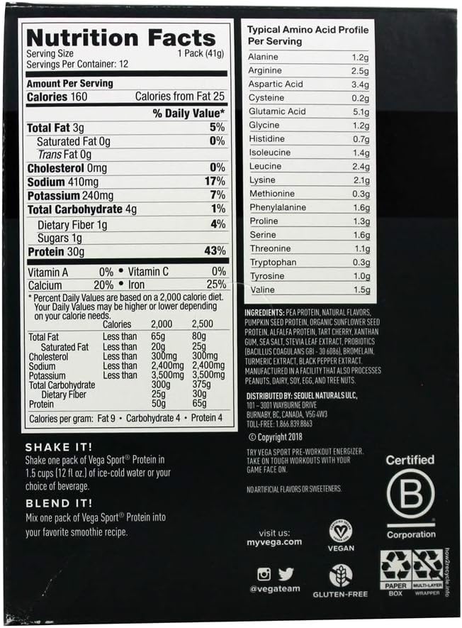 Vanilla Vega Sport Premium Vegan Protein Powder - 30g Plant Protein, 5g BCAAs, Low Carb, Keto, Dairy/Gluten Free, Non GMO - Pea Protein Sachets, 12 Pack