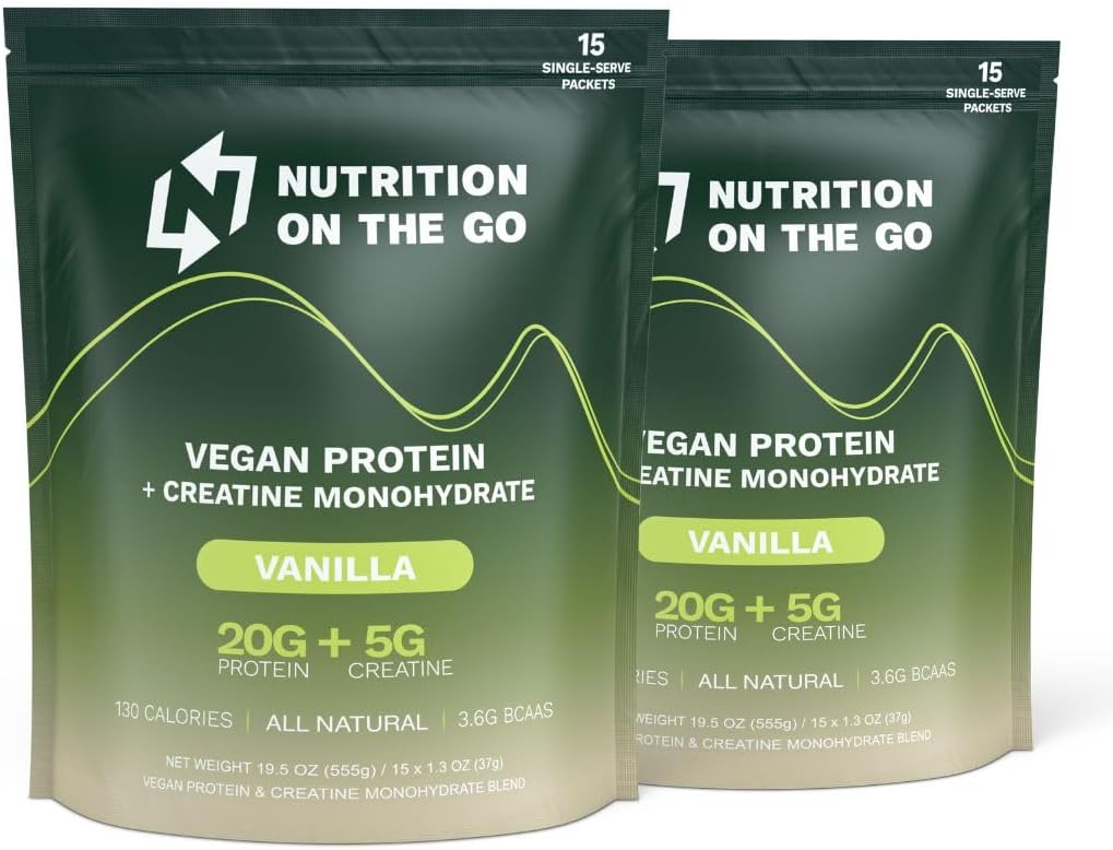 Vanilla Vegan Protein Powder with Creatine - 20g Protein, 5g Creatine - On-The-Go Single-Serve Packets - Dairy-Free, Gluten-Free, All-Natural - 30-Pack