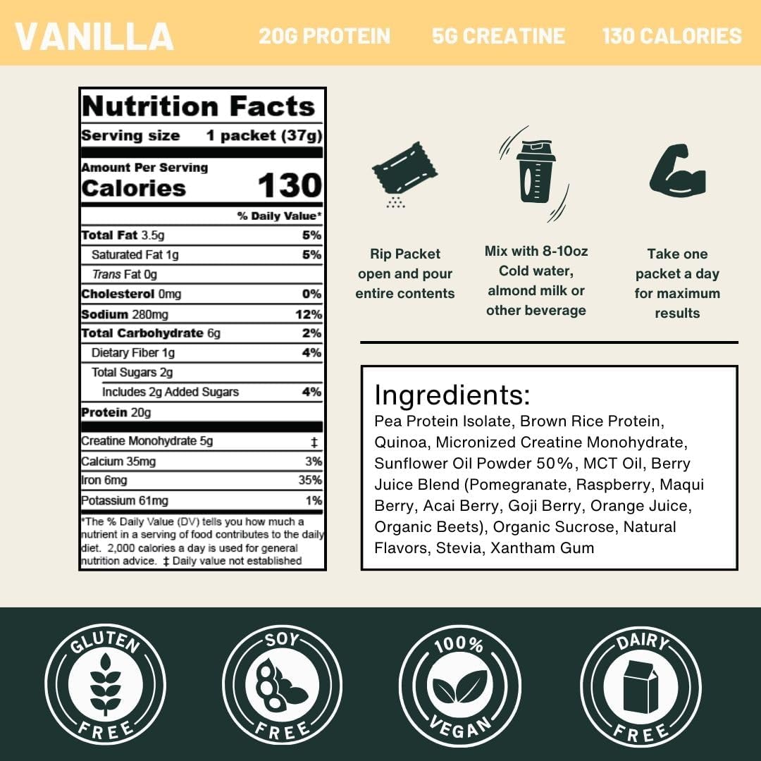 Vanilla Vegan Protein Powder with Creatine - 20g Protein, 5g Creatine - On-The-Go Single-Serve Packets - Dairy-Free, Gluten-Free, All-Natural - 30-Pack