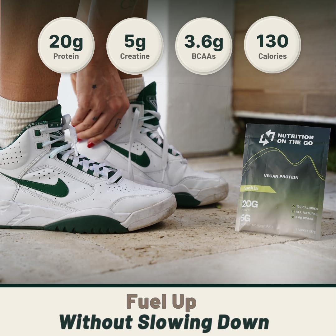 Vanilla Vegan Protein Powder with Creatine - 20g Protein, 5g Creatine - On-The-Go Single-Serve Packets - Dairy-Free, Gluten-Free, All-Natural - 30-Pack