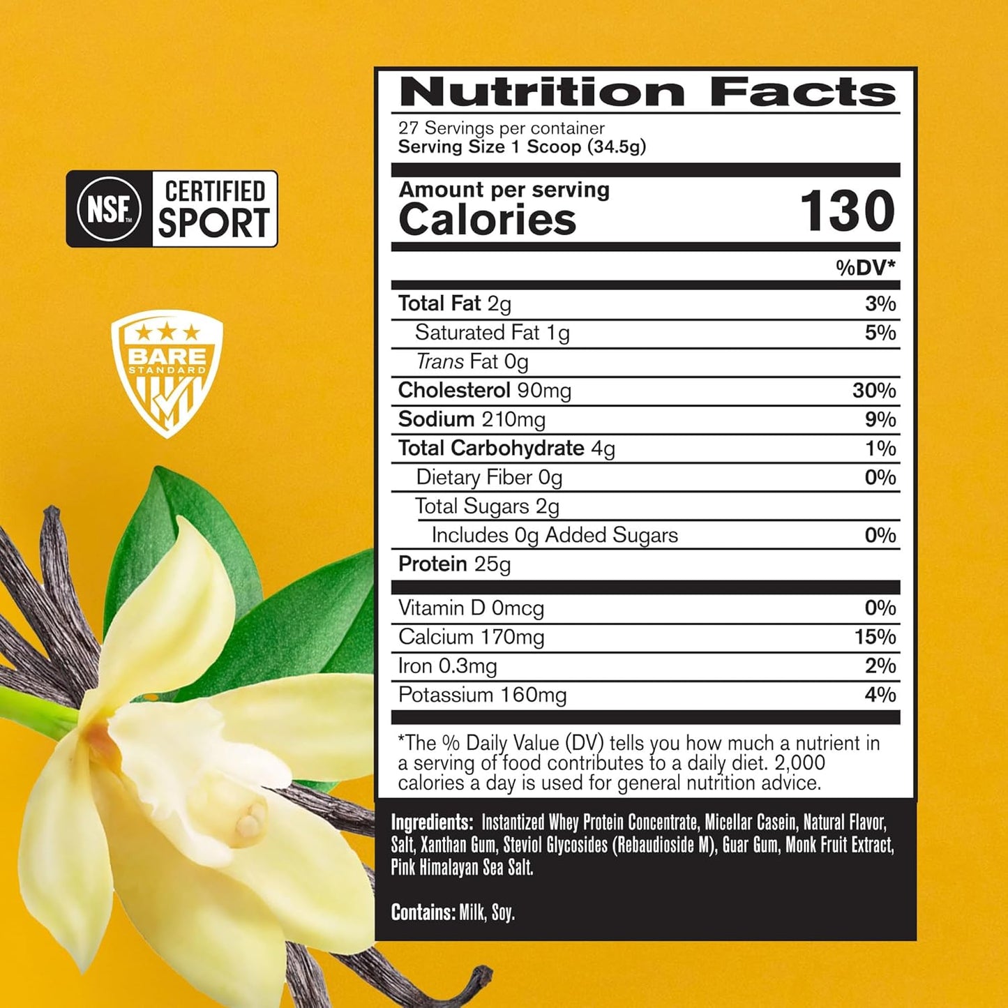 Vanilla Whey + Casein Protein Powder Blend - 25g Protein per Serving - Lean Muscle Recovery - 27 Servings - Third Party Tested