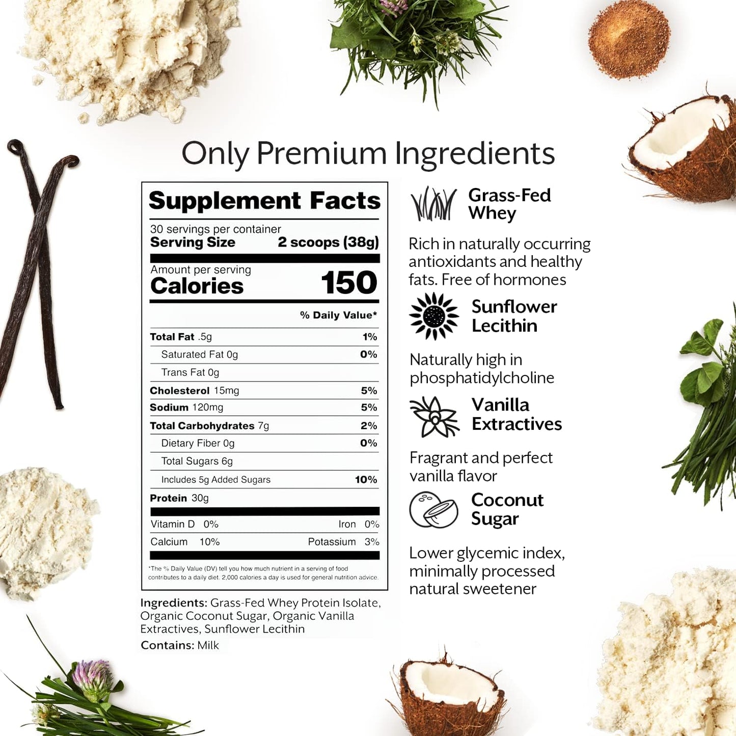 Vanilla Whey Protein Isolate Powder - Grass-Fed, 100% Natural - 2.5lb Bulk - Post Workout Shakes, Smoothies, Baking - Gluten-Free, Keto-Friendly