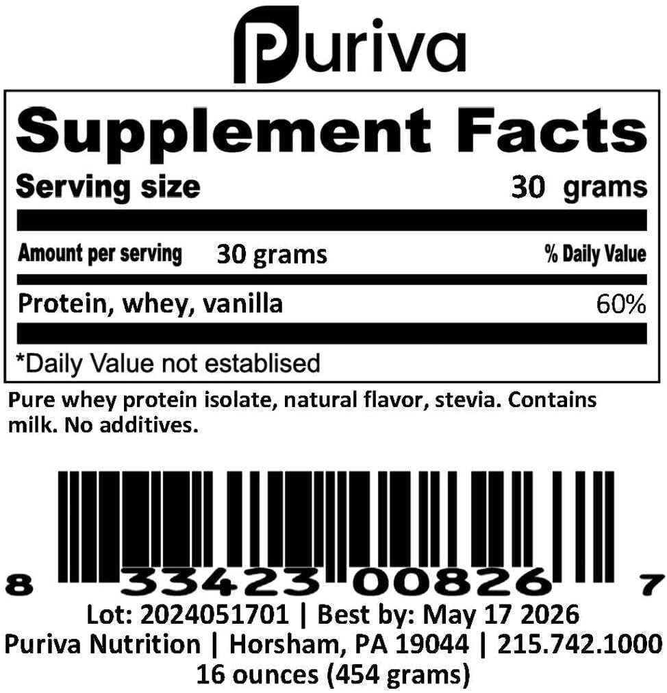 Vanilla Whey Protein Isolate Powder by Puriva Nutrition - 1 Pound