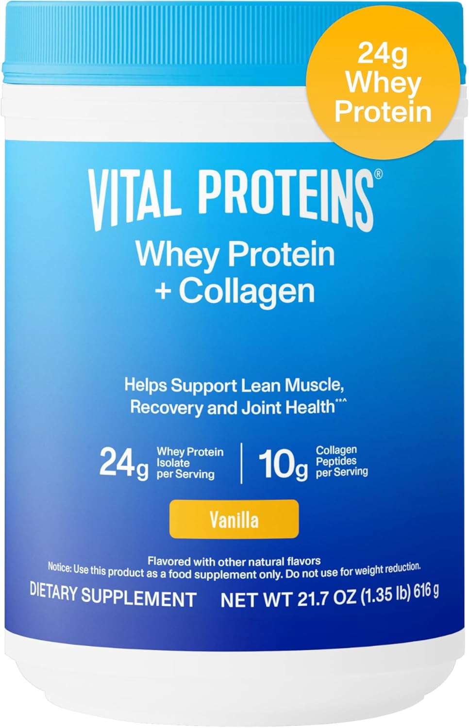 Vanilla Whey Protein Powder with Collagen Peptides, 24g Protein, Vitamin C, Joint Health Support - 16 Servings, 21.7oz