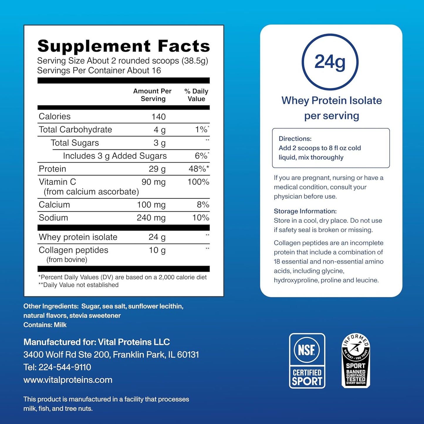 Vanilla Whey Protein Powder with Collagen Peptides, 24g Protein, Vitamin C, Joint Health Support - 16 Servings, 21.7oz