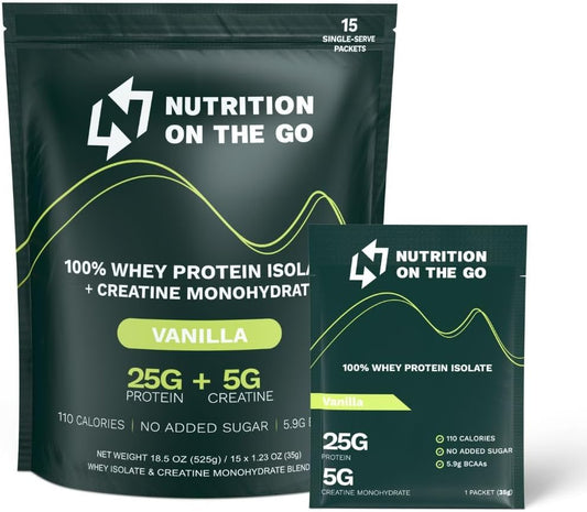 Vanilla Whey Protein Powder with Creatine - 25g Protein, 5g Creatine - Single-Serve Packets for Travel - Gluten-Free, No Added Sugar - 15-Pack
