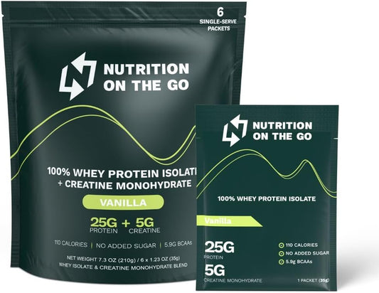 Vanilla Whey Protein Powder with Creatine - 25g Protein, 5g Creatine - Single-Serve Packets for Travel - Gluten-Free, No Added Sugar - 6-Pack