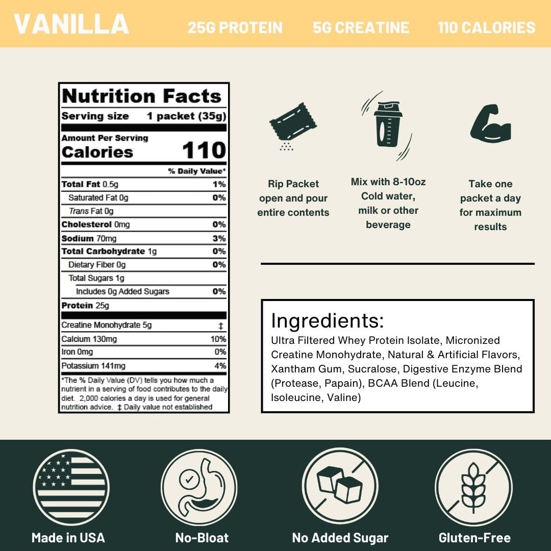 Vanilla Whey Protein Powder with Creatine - 25g Protein, 5g Creatine - Single-Serve Packets for Travel - Gluten-Free, No Added Sugar - 6-Pack