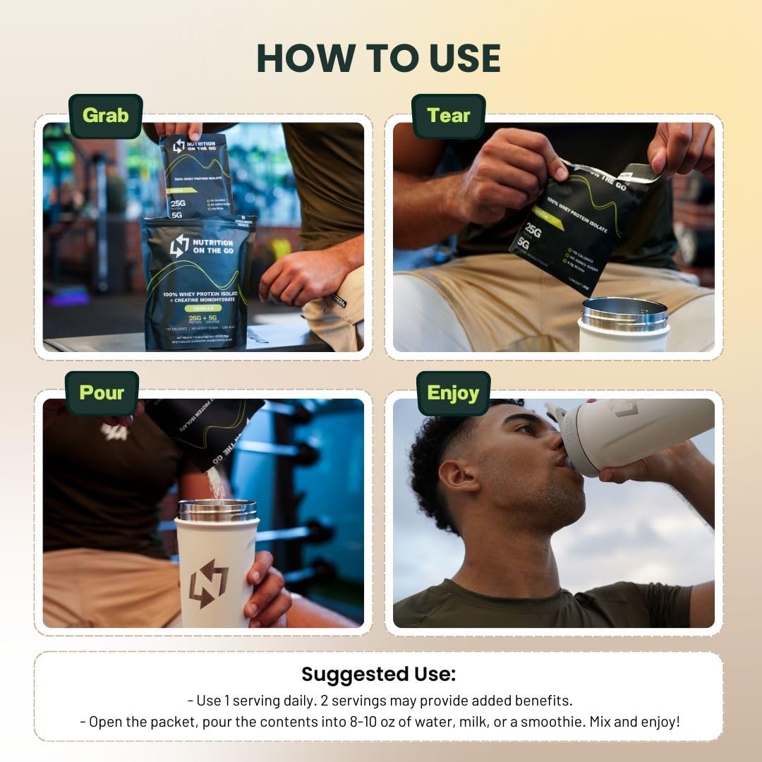 Vanilla Whey Protein Powder with Creatine - 25g Protein, 5g Creatine - Single-Serve Packets for Travel - Gluten-Free, No Added Sugar - 6-Pack