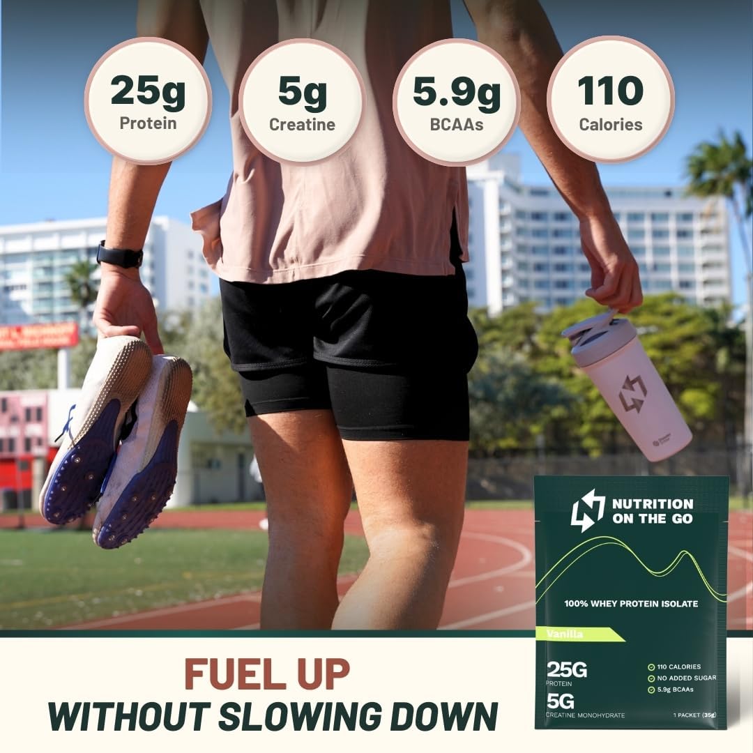 Vanilla Whey Protein Powder with Creatine - 25g Protein, 5g Creatine - Single-Serve Packets for Travel - Gluten-Free, No Added Sugar - 6-Pack