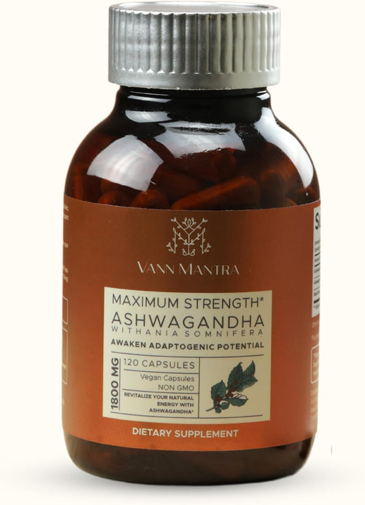 VANN MANTRA Ashwagandha Capsules for Stress Relief & Immune Support - 120 Count, 1800mg - Vegan Ayurvedic Supplement - Non GMO