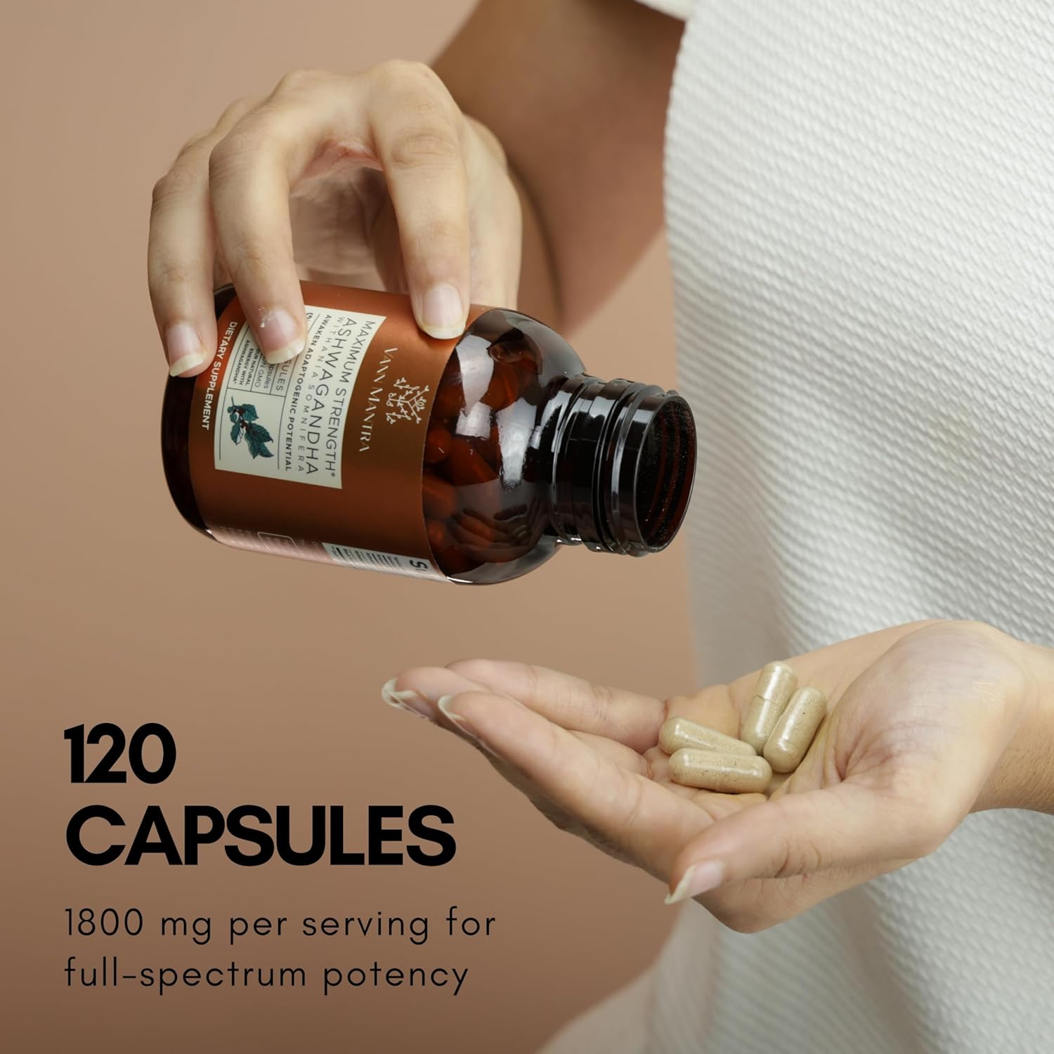 VANN MANTRA Ashwagandha Capsules for Stress Relief & Immune Support - 120 Count, 1800mg - Vegan Ayurvedic Supplement - Non GMO