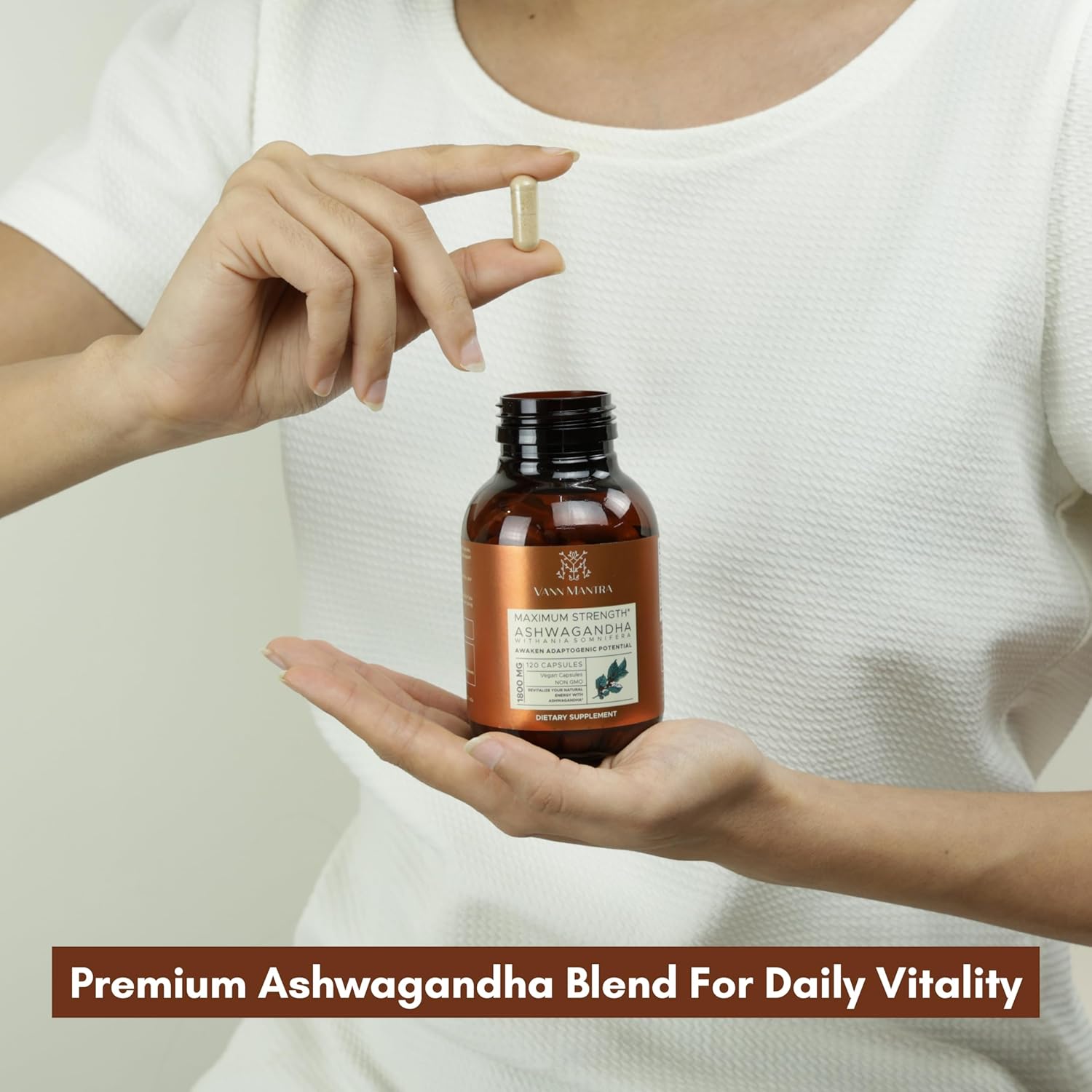 VANN MANTRA Ashwagandha Capsules for Stress Relief & Immune Support - 120 Count, 1800mg - Vegan Ayurvedic Supplement - Non GMO