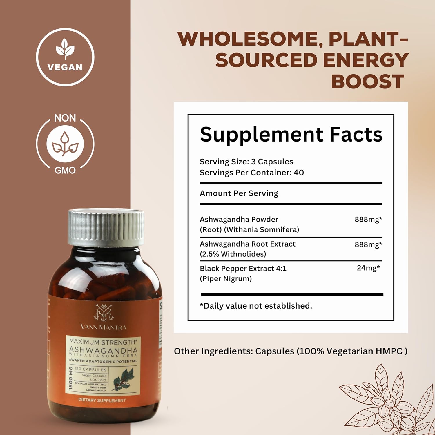 VANN MANTRA Ashwagandha Capsules for Stress Relief & Immune Support - 120 Count, 1800mg - Vegan Ayurvedic Supplement - Non GMO