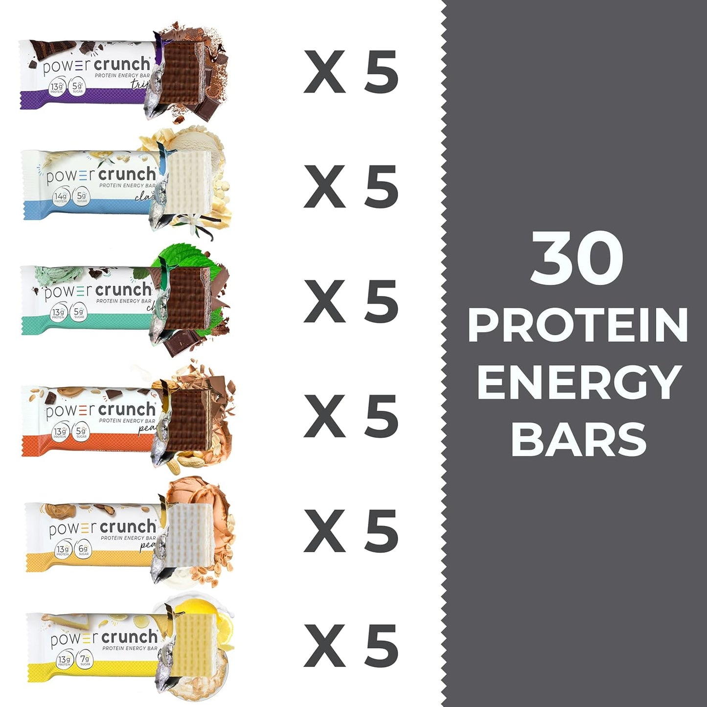 Variety Pack of 30 Power Crunch Protein Wafer Bars - 6 Flavors, 1.4 Ounce Bars, High Protein Snacks with Delicious Taste