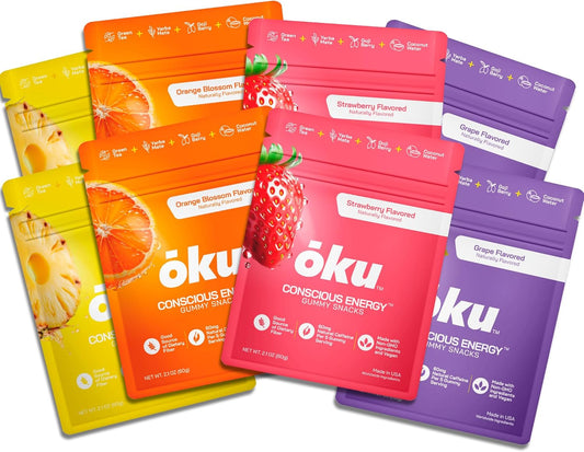 Variety Pack of 8 OKU Energy Chews - Natural Caffeine, Coconut Water, Allulose & Fiber - Ideal for Runners, Travelers - Non-GMO, Gluten Free, Vegan Snacks