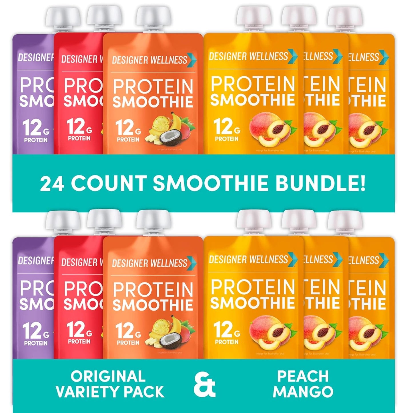 Variety Pack of Designer Wellness Protein Smoothies with Peach Mango - Original Flavors Included
