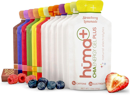 Variety Pack of HÜMA Chia Energy Gel Plus with Double Electrolytes - 24 Real Food Energy Gels, Stomach Friendly Formula